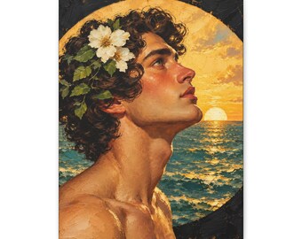 Retrato de hombre gay en lienzo, corona floral y puesta de sol dorada, arte mural costero.