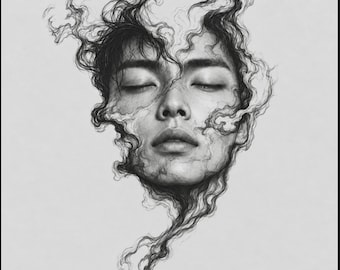 May include: A black and white charcoal drawing of a human face with eyes closed, surrounded by swirling, smoke-like wisps that blend into the hair and dissipate into the surrounding space, creating a fluid and ethereal visual effect.