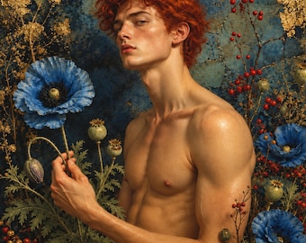 Redhead Male Portrait Canvas, Blue Poppy Flowers, Dark Botanical Wall Art