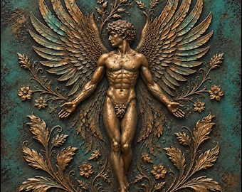 May include: A bronze-toned wall relief sculpture featuring a central winged figure with a muscular physique, surrounded by intricate floral and leaf motifs. The artwork is set against a textured, dark teal and copper-colored background.
