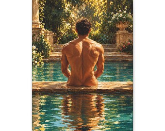 Lienzo con hombre gay en la piscina, retrato de retiro en el jardín, arte mural de la hora dorada