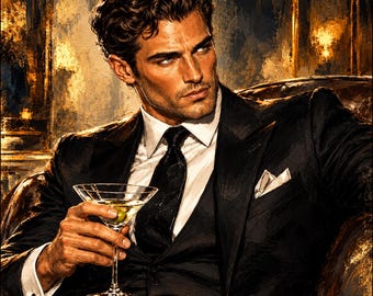 Handsome Man Canvas, Black Suit Martini Portrait, Vintage Gentleman Wall Art