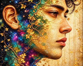 Cosmic Male Portrait Canvas, Golden Botanical Face, Surreal Celestial Wall Art