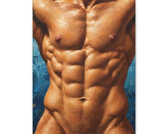 Lienzo con torso masculino gay, estudio de figura musculosa, arte mural con técnica de impasto azul.