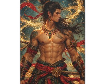 Lienzo de guerrero de fantasía gay, retrato masculino con cinta dorada, arte mural LGBTQ