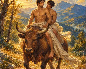 May include: An oil painting depicting two muscular figures with curly dark hair riding a large brown bull. The figures are draped in flowing cream-colored fabric against a backdrop of golden mountains, trees, and a bright, sunlit sky.