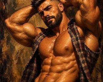 Gay Muscle Man Canvas, Bearded Flannel Portrait, Masculine Wall Art