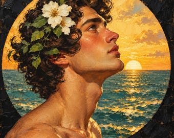 Gay Male Portrait Canvas, Floral Crown and Golden Sunset, Coastal Wall Art