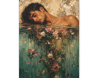 Retrato de hombre gay en lienzo, Soñando en la línea de flotación, Arte mural surrealista floral