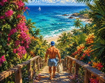 Tropical Beach Canvas, Shirtless Man Walking to Ocean, Colorful Coastal Wall Art