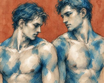 Gay Couple Canvas, Two Shirtless Men, Blue Watercolor Male Portrait Wall Art
