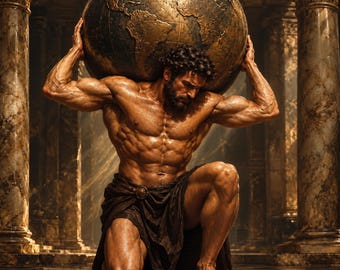 Atlas Holding the World Canvas, Greek Mythology Strongman, Bronze Gold Wall Art