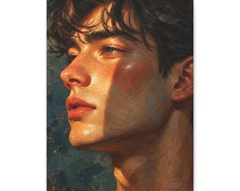 Retrato de hombre gay en lienzo, hombre guapo con luz dorada, arte mural con ambiente melancólico