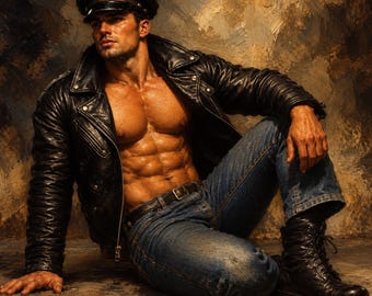 Lienzo de un apuesto motero, retrato masculino con chaqueta de cuero, arte mural gay vintage