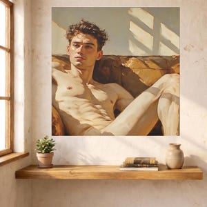 Sinnlich männliche Figur Leinwand Druck Sonnenlicht Leder Sofa Kunst Gay Wand Dekor Stimmungsvoll Vintage Boudoir Stil