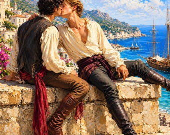 Gay Couple Kiss Canvas, Mediterranean Harbor Romance, Coastal LGBTQ Wall Art