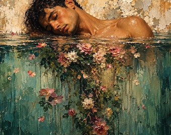 Gay Male Portrait Canvas, Dreaming at the Waterline, Floral Surreal Wall Art