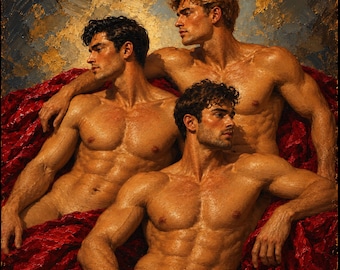 May include: An oil painting depicting three muscular figures with defined physiques, positioned together against a textured gold and blue background. The figures are partially draped in a vibrant, deep red fabric with visible brushstrokes.