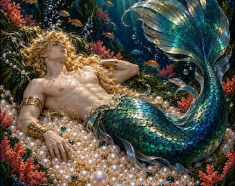 Blond Merman Canvas, Enchanted Pearl Treasure, Gay Fantasy Underwater Wall Art