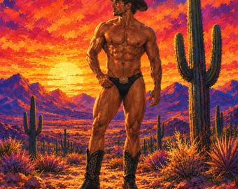 Gay Cowboy Canvas, Desert Sunset Male Figure, Colorful Western Wall Art