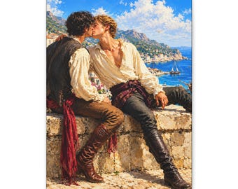 Lienzo de pareja gay besándose, romance en puerto mediterráneo, arte mural LGBTQ costero