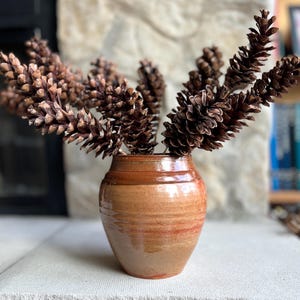 May include: A brown ceramic vase with a reddish-brown rim holds several brown pine cones. The vase has a textured, layered design. The arrangement sits on a light-colored stone surface.