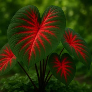May include: Close-up of Caladium leaves, showcasing a vibrant contrast. The heart-shaped leaves are a deep green with striking red veins radiating from the center. The plant's stems are dark, and the background is a soft green, creating a natural, eye-catching image.