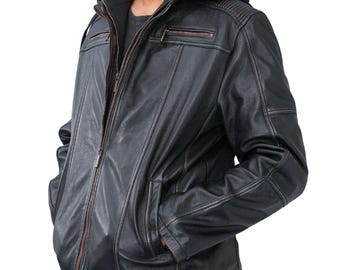 メンズ ブラックレザー フード付きジャケット - 取り外し可能なフード
