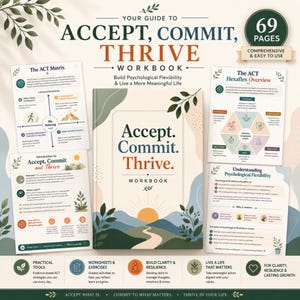 May include: A 69-page workbook titled Accept, Commit, Thrive with a cover featuring a sunrise over hills and leaves. The workbook is surrounded by four informational pages detailing the ACT Matrix, Hexaflex, and psychological flexibility concepts.