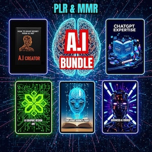 Può includere: Grafica digitale promozionale per un pacchetto A.I. L'immagine presenta tablet che mostrano "How to Make Money From AI Art", "ChatGPT Expertise", "AI Graphic Design Art", "Start Your Journey Today" e "Advanced AI Course". La grafica centrale recita "A.I. BUNDLE."