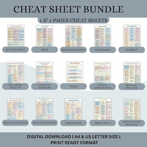 Cheatsheet-bundel therapie | Voor counselors, therapeuten en coaches | Werkbladen psycho-educatie, hand-outs voor cliënten, informatiepakket geestelijke gezondheid