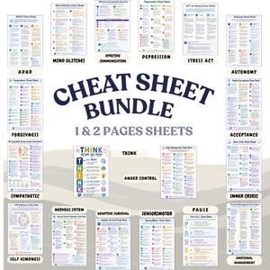 Op de afbeelding: Een verzameling educatieve spiekbriefjes met de titel Cheat Sheet Bundle 1 & 2 Pages Sheets. De bundel bevat individuele gidsen voor ADHD, Mind Glitches, effectieve communicatie, depressie, stress, autonomie, vergeving, acceptatie, sympathisch zenuwstelsel, denken voor het spreken, woedebeheersing, innerlijke criticus, zelfvriendelijkheid, zenuwstelsel, adaptieve overleving, sensomotoriek, pauze en emotioneel beheer.