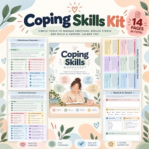 May include: A 14-page Coping Skills Kit featuring worksheets for mindfulness, emotional awareness, and stress management. The kit includes illustrated guides with text, checklists, and prompts to help manage emotions, reduce stress, and build healthy habits.