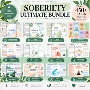 Può includere: Una collezione digitale intitolata Sobriety Ultimate Bundle che contiene oltre 450 pagine di fogli di lavoro e guide stampabili. Il layout mostra varie copertine di documenti, tra cui Habit Transformation e Stress Management.