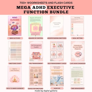 May include: A collection of digital worksheets and flashcards for ADHD executive function, including topics like mind glitches, self-management, and goal setting. The bundle features colorful covers with titles such as "Emotions Chart" and "ADHD ICE".
