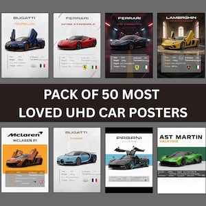 May include: A set of 50 UHD car posters showcasing high-end vehicles like Bugatti, Ferrari, and Aston Martin. Each poster includes the car's model, performance data, and a national flag, presented in a stylish design.