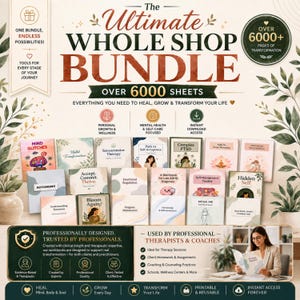 Könnte beinhalten: Ein digitales Produktpaket mit dem Titel The Ultimate Whole Shop Bundle, das über 6000 Blätter für persönliches Wachstum und psychische Gesundheit enthält. Das Bild zeigt verschiedene Arbeitsbuch-Cover mit Titeln wie Mind Glitches, Sensorimotor Therapy und Complex PTSD sowie Text, der das professionelle Design und die therapeutische Verwendung beschreibt.