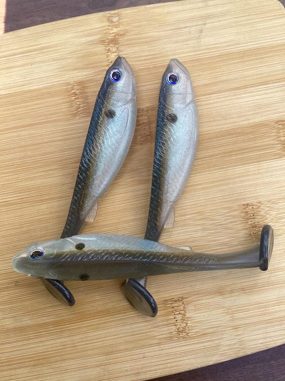 5 G Swim Bait Hand Poured Soft Plastic, Clear Belly, Gold Vein, Smoke Top  with Blue Shift