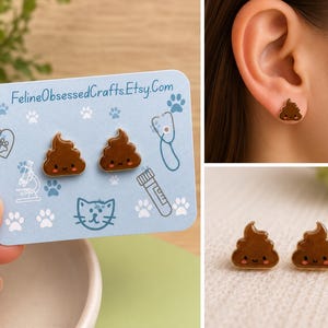 May include: Brown poop-shaped stud earrings with a gold border. The earrings are shown on a light blue card with the text "FelineObsessedCraftsEtsy.com" and cat-themed illustrations. One earring is shown in a person's ear.