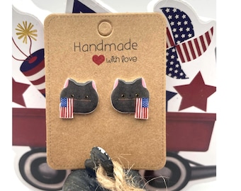 Patriotic Cat Earrings-July4th Hypoallergenic Post Earrings-Labor Day Memorial Day-Gift For Cat Lovers, Vet Staff, Cat Moms, Kids, Crazy