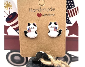 Patriotic Cat Earrings-July 4th Cute Fun Hypoallergenic Post-Labor Day Memorial Day Cat Earrings-Cat Lovers, Cat Moms, Crazy Cat Lady