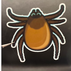 May include: A sticker featuring a stylized illustration of a tick with a large, rounded, golden-brown abdomen, a dark brown head, and eight segmented dark brown legs, all outlined with a thin, glowing light blue border.
