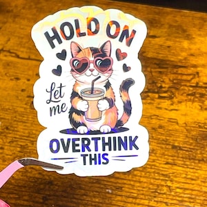 Puede incluir: Una pegatina con un gato calicó con gafas de sol en forma de corazón y sosteniendo una taza de café con una pajita. La pegatina tiene el texto "HOLD ON", "Let me" y "OVERTHINK THIS". La pegatina tiene un borde blanco y corazones negros.