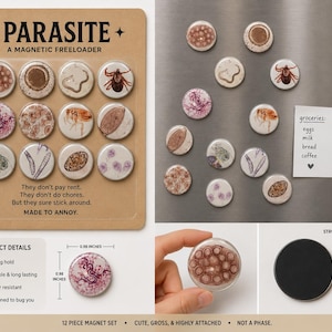 May include: A set of 12 circular magnets featuring various parasite illustrations on a cardboard backing labeled PARASITE A MAGNETIC FREELOADER. Each magnet measures 0.98 inches in diameter and has a strong magnetic back for display on metal surfaces.