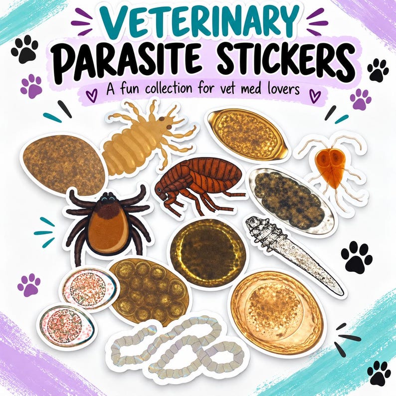 May include: A collection of veterinary parasite stickers featuring illustrations of various organisms, including a flea, tick, louse, and microscopic eggs. The text reads VETERINARY PARASITE STICKERS A fun collection for vet med lovers.