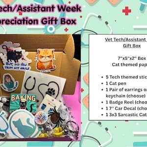 May include: A Vet Tech/Assistant Week Appreciation Gift Box containing a 7x5x2 inch box with cat-themed paper, five tech-themed stickers, a cat pen, a pair of earrings or keychain, a badge reel, a 7 inch car decal, and a 3x3 inch sarcastic cat magnet.