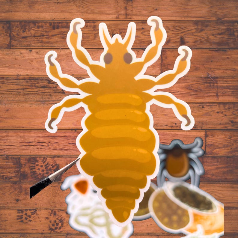 May include: A die-cut sticker featuring a large, golden-yellow louse with six segmented legs and two antennae. Below it, smaller stickers depict a grey tick and various other biological specimens, all arranged on a wooden surface.