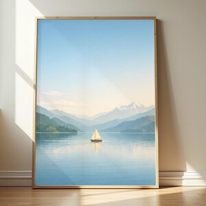 Small Sailboat Drifting on a Quiet Mountain Lake Wall Art Print | Minimalist Travel Art | Vintage-Inspired Landscape | Calm