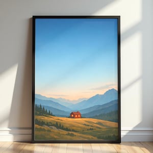 Op de afbeelding: Een ingelijste kunstafdruk met een rood huisje in een vallei, met glooiende heuvels en bergen op de achtergrond. De lucht gaat over van blauw naar oranje, wat zonsopgang of zonsondergang suggereert. Het kunstwerk is ingelijst in een zwarte lijst.