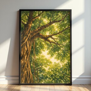 Peut inclure: Peinture à l'aquarelle encadrée d'un grand arbre avec des feuilles vertes et des branches brunes. L'œuvre capture la lumière du soleil filtrant à travers le feuillage, créant une ambiance lumineuse. Le tronc et les racines de l'arbre sont visibles.